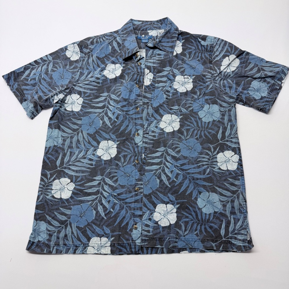 Puritan Mens Estate Blue Floral Hibiscus Cotton Button Up Shirt Large